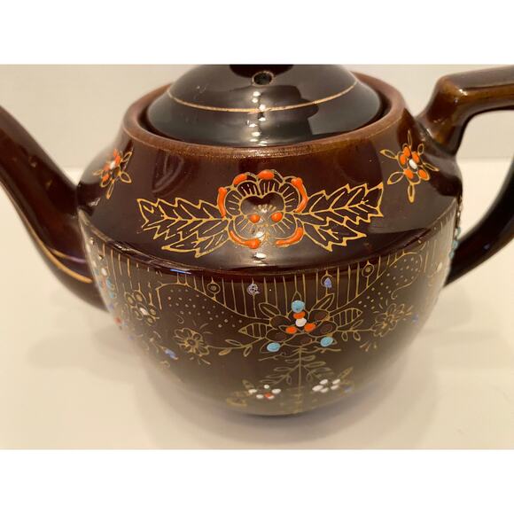 Vintage Moriage Redware Brown Oriental Tea Pot, Hand Painted Beaded - Picture 8 of 10